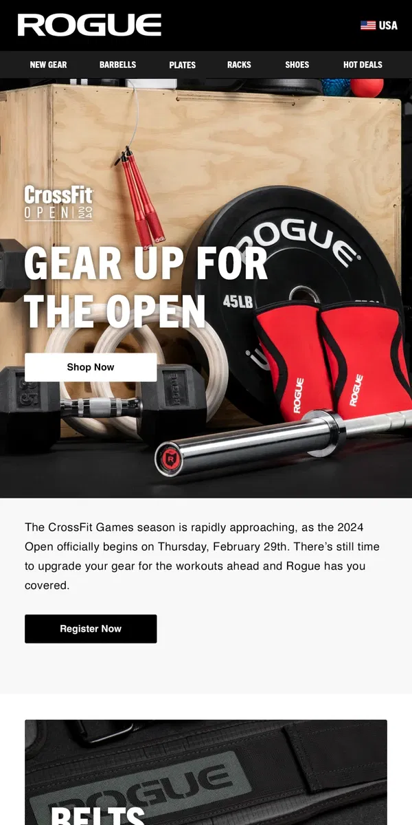 Email from Rogue Fitness. Gear Up for the CrossFit Open