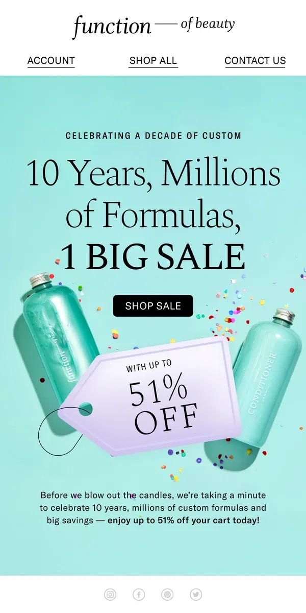 Email from Function of Beauty. Up to 51% Off Haircare? Don’t Miss the Party 🎂