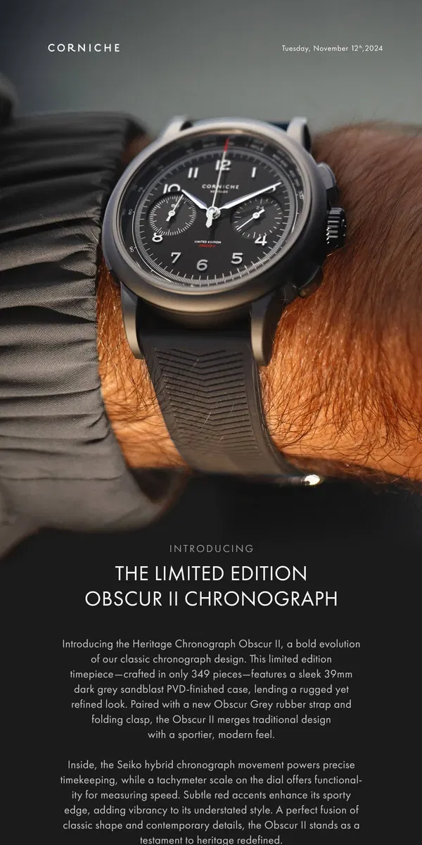 Email from Corniche Watches. Discover The Limited Edition Obscur II