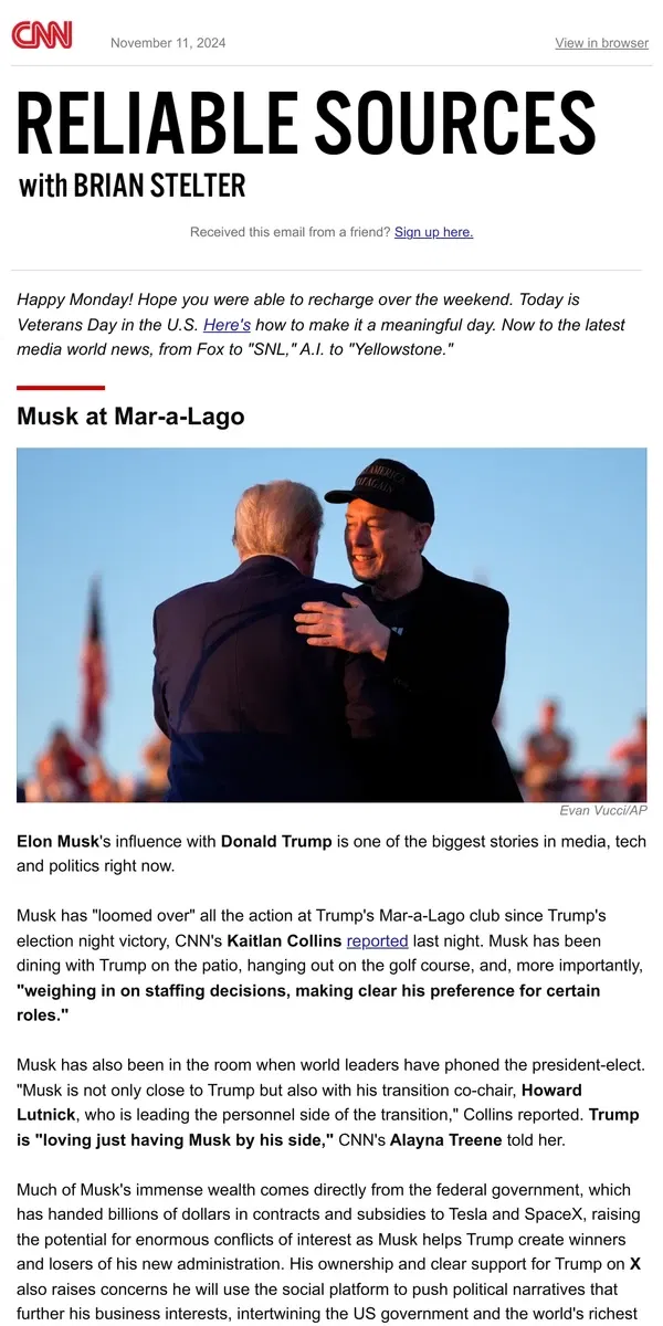 Email from CNN. Musk at Mar-a-Lago; post-election reckoning; Netflix's live strategy; back to Dutton Ranch