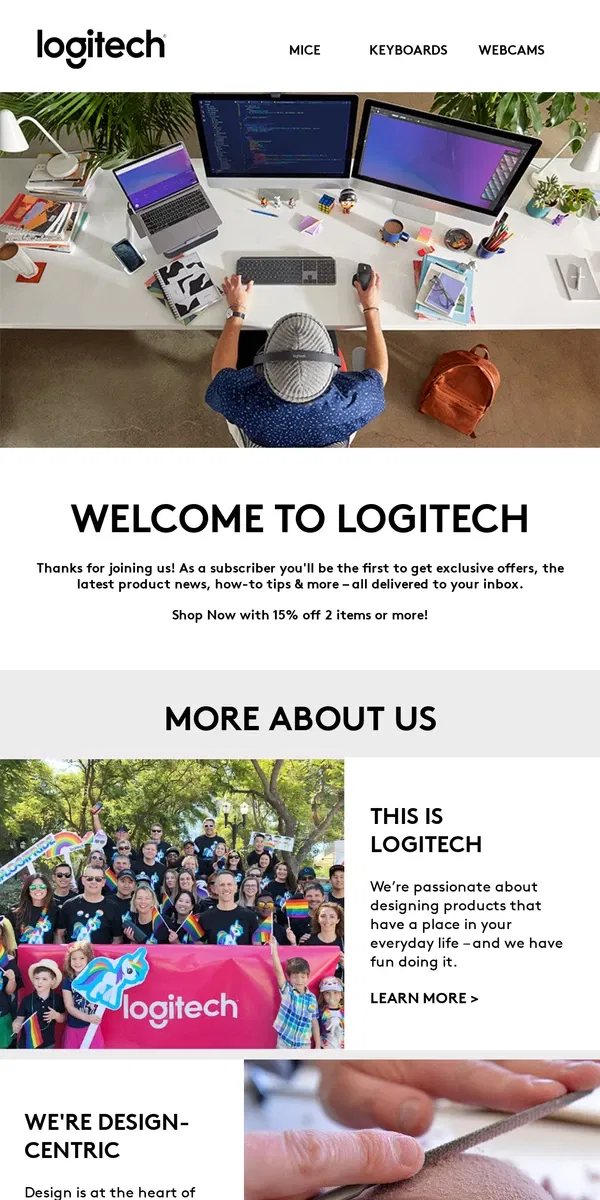 Email from Logitech. Welcome to Logitech - 15% off is waiting for you!