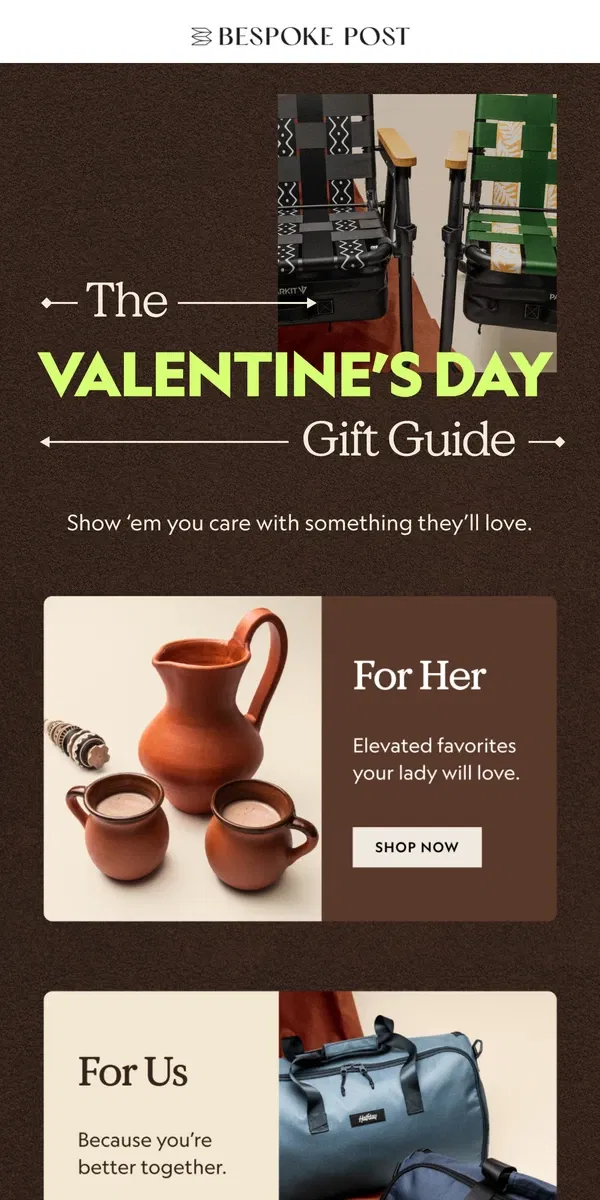 Email from Bespoke Post. A Valentine's Day Guide to Gifts They'll Love