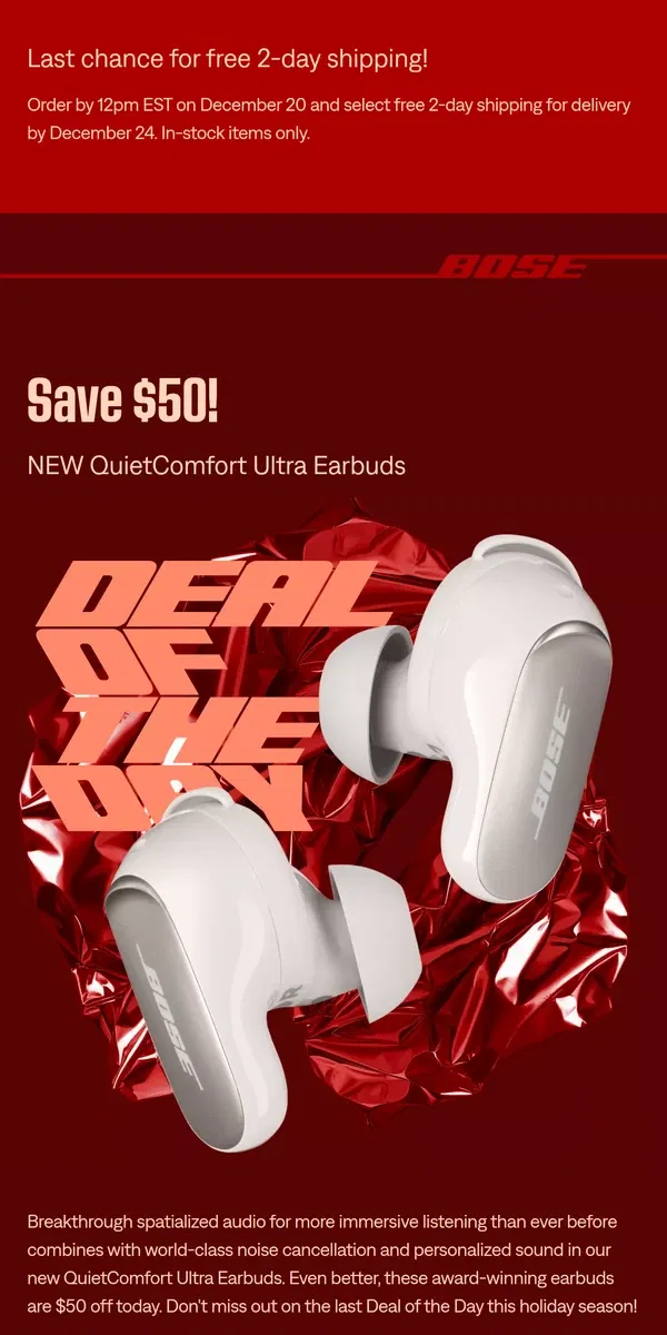 Email from Bose. ⚡️ Deal of the Day: $50 off QC Ultra Earbuds!