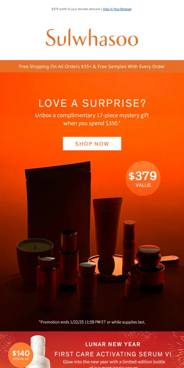 Email from Sulwhasoo. Complimentary Mystery Gift W/ $350+ Orders