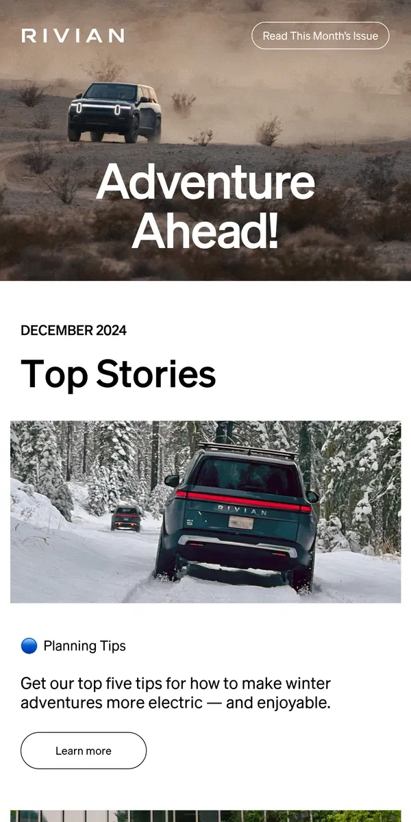 Email from Rivian. Adventure Ahead! December edition