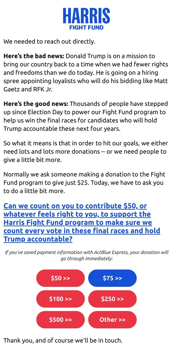 Email from Kamala Harris. Good news and bad news