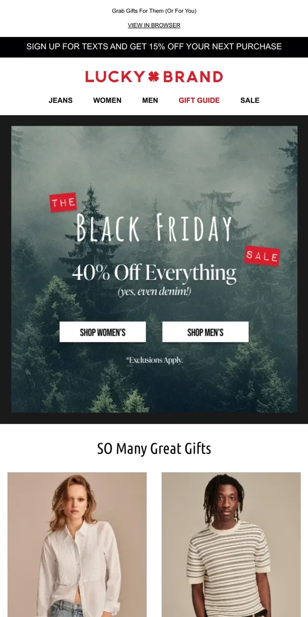 Email from Lucky Brand. Black Friday Is ON! 🛍️ 40% Off Everything, Even Denim