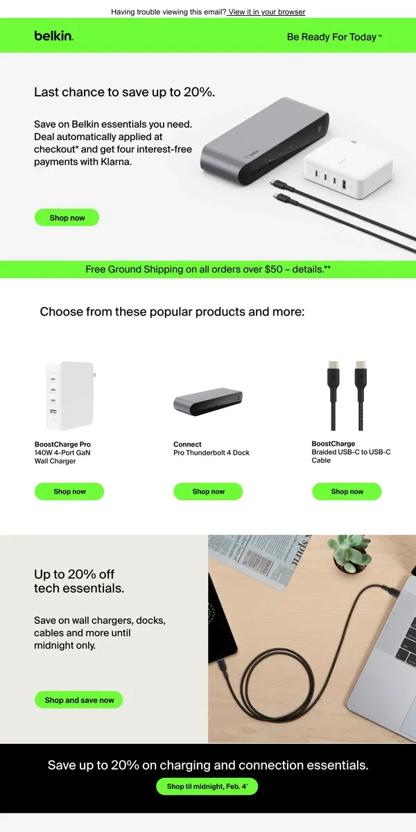 Email from Belkin. Last chance to save on your favorite essentials