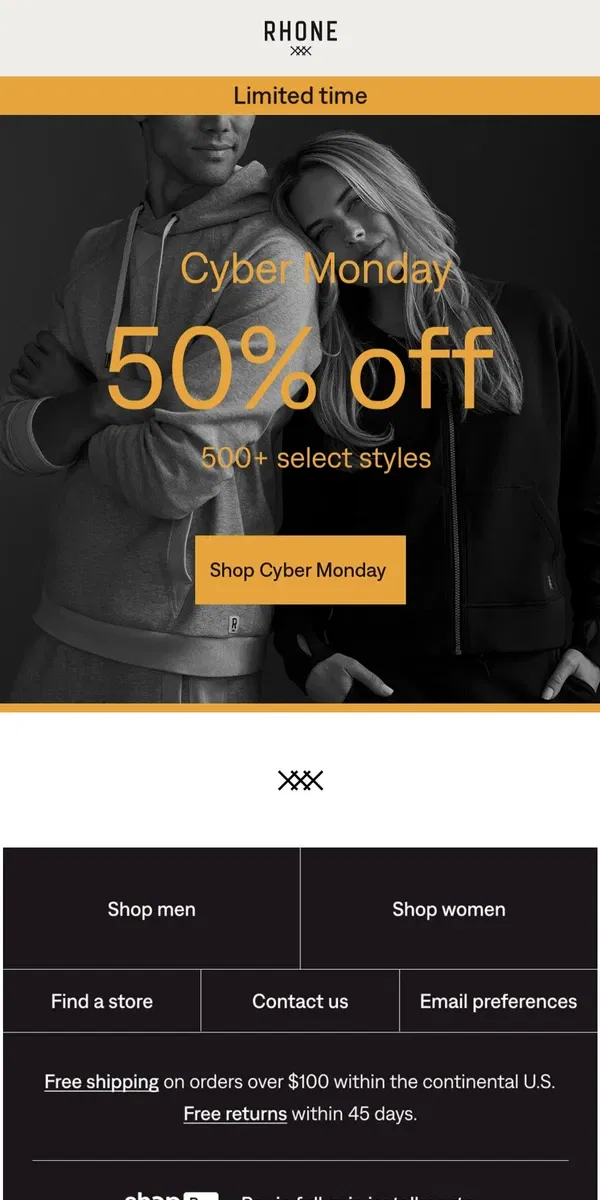 Email from Rhone. 50% off. Cyber Monday is live.