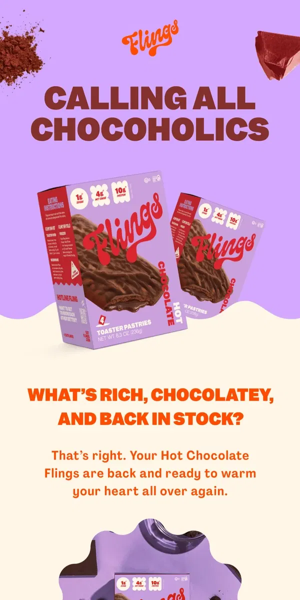 Email from Flings. Hot Chocolate is BACK (for now...) 👀🍫