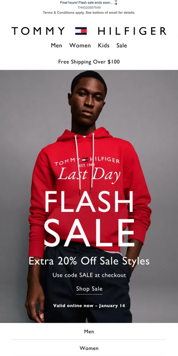 Email from Tommy Hilfiger. LAST CHANCE | TAKE AN EXTRA 20% OFF SALE STYLES