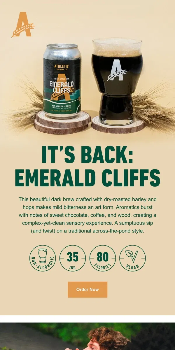 Email from Athletic Brewing Co. The Return of Emerald Cliffs: Your favorite twist on an Irish-Style Dry