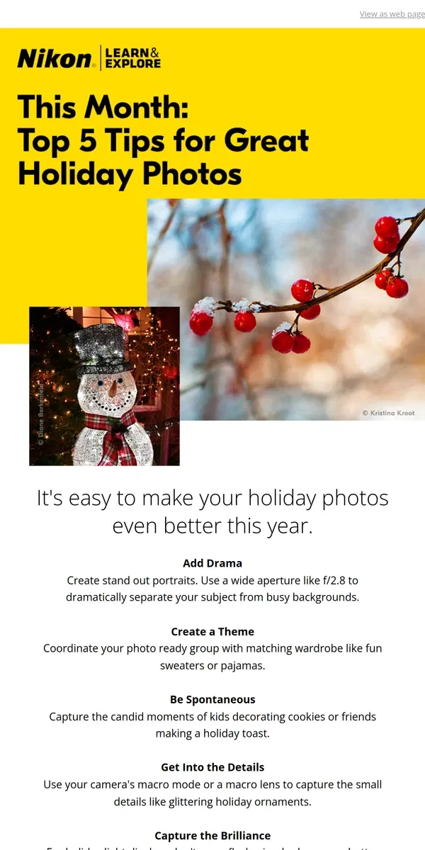 Email from Nikon. Tips for great holiday photos