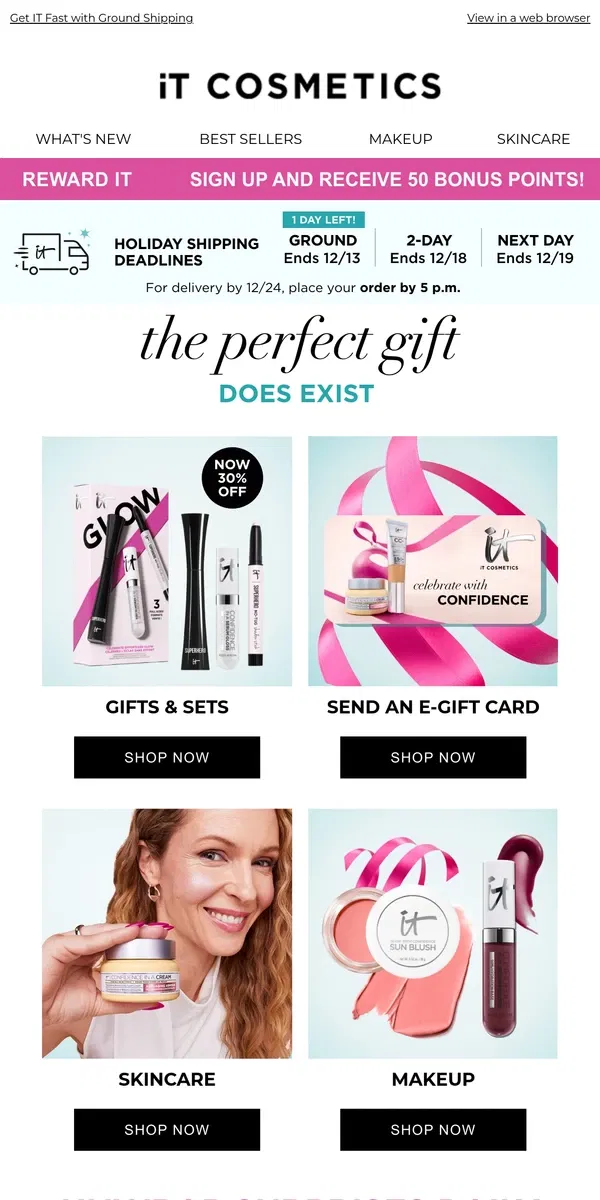 Email from IT Cosmetics. Stress Less with 30% OFF Gifts