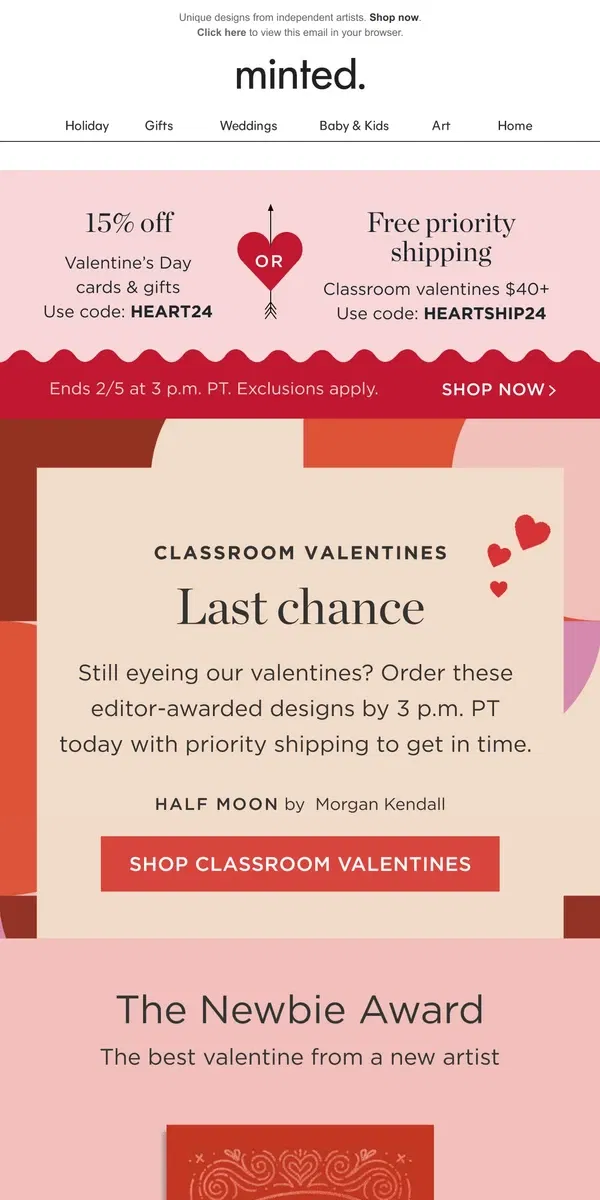 Email from Minted. Last call: 5 valentines our editors are crushing on