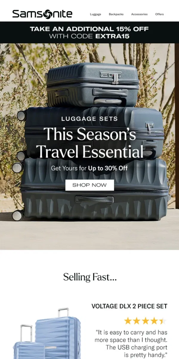 Email from Samsonite. Travel Better Together: Up to 30% Off+ Extra 15% Off