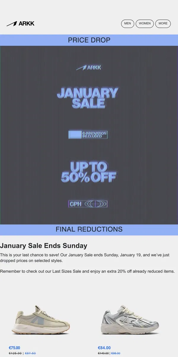 Email from ARKK Copenhagen. Final Reductions: January Sale Ends Sunday!