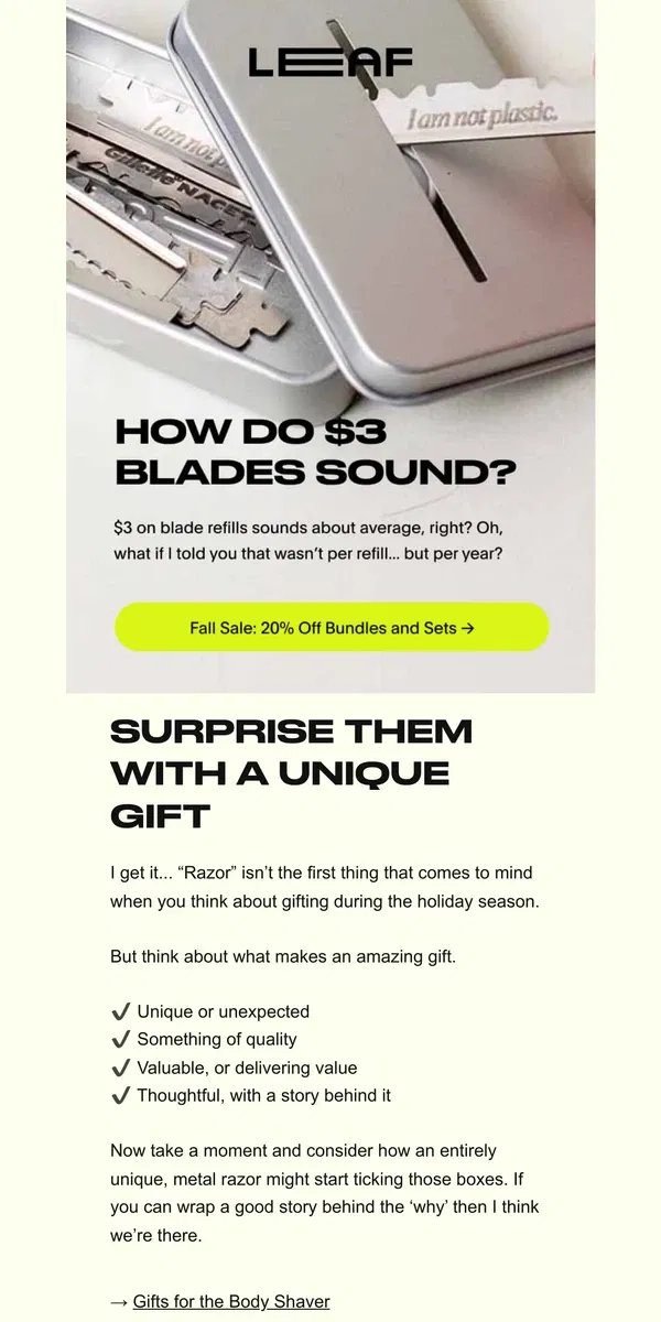 Email from Leaf Shave. That comes out to 2¢ per shave