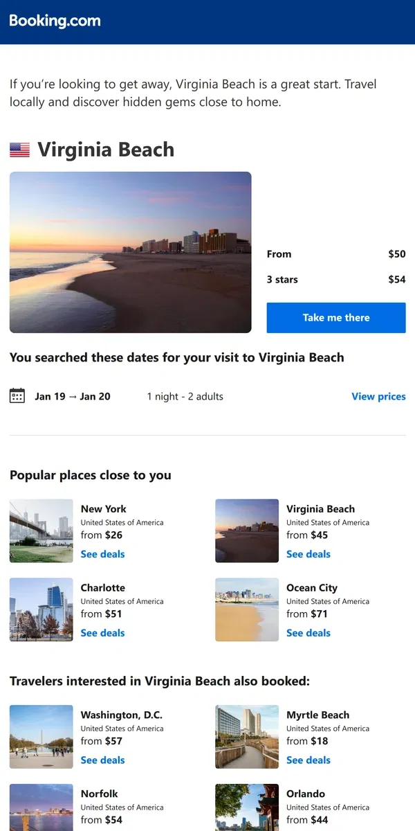 Email from Booking.com. Don’t forget your search for Virginia Beach – prices as low as $50!