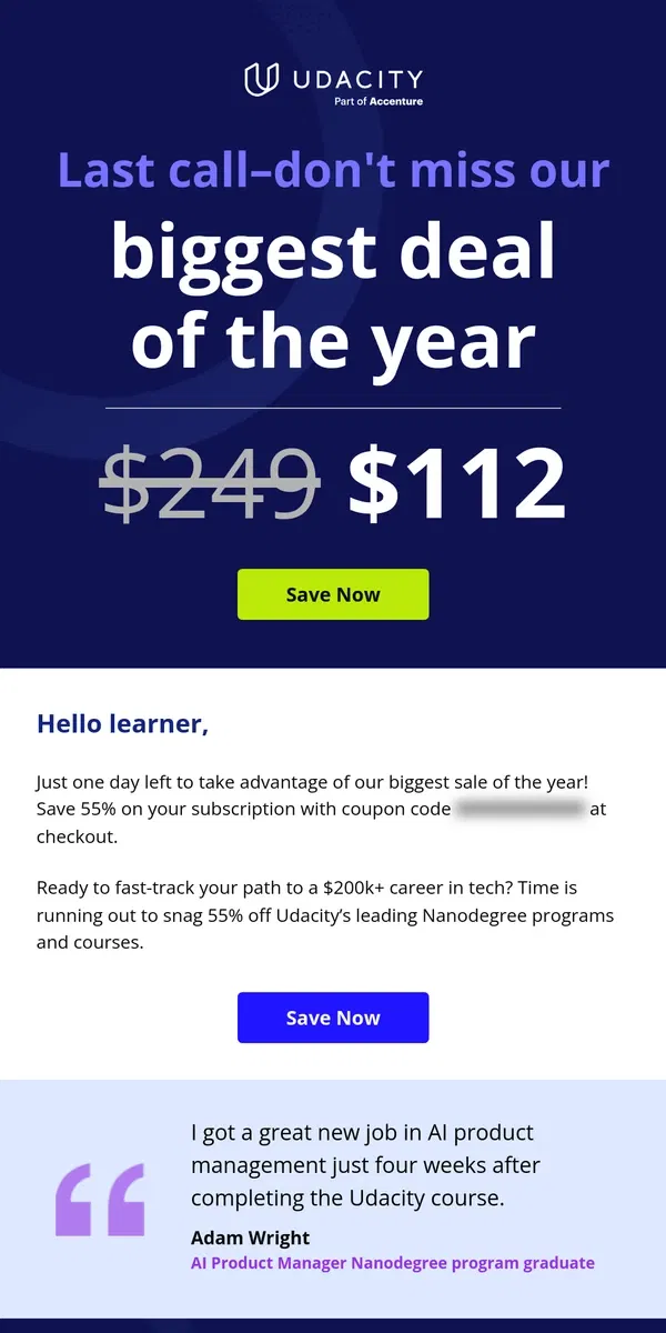 Email from Udacity. ⏰ Final Hours: 55% off ends Monday!