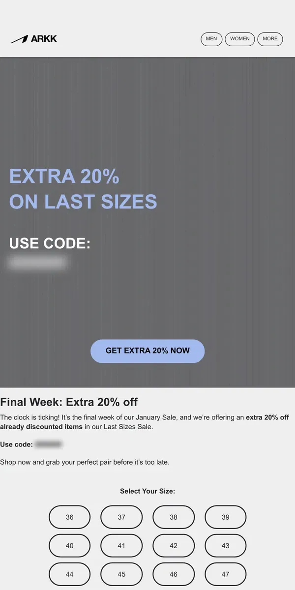 Email from ARKK Copenhagen. Final Week: Extra 20% Off