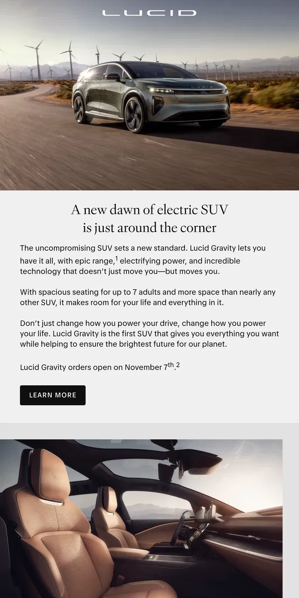 Email from Lucid Motors. Order your Lucid Gravity November 7th