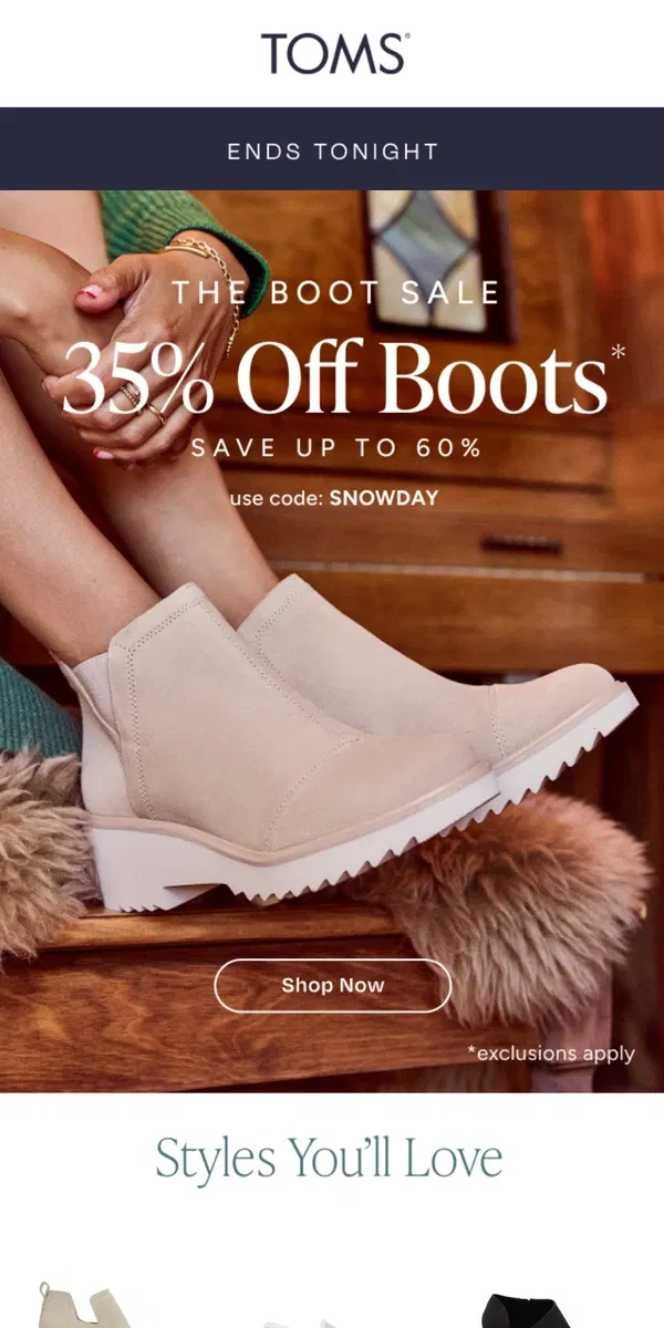 Email from TOMS. Ends Tonight‼️ Save 35% on Boots