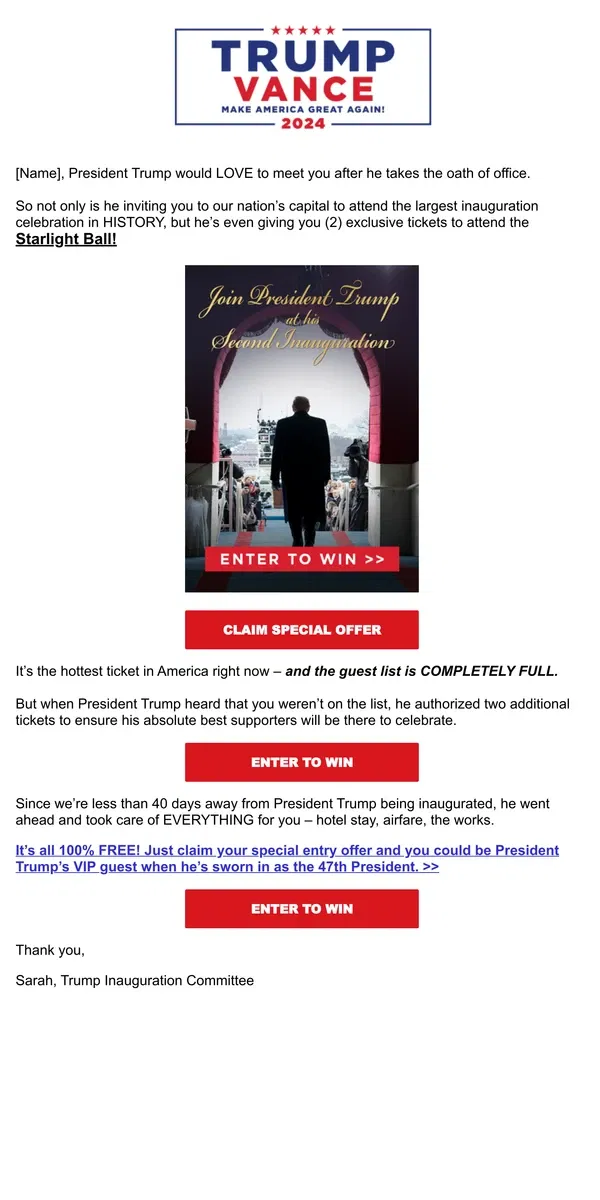 Email from Donald J. Trump. President Trump cordially invites you to the Starlight Ball!