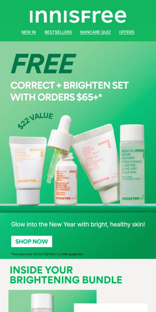 Email from innisfree. FREE 4-Piece Correct + Brighten Set!