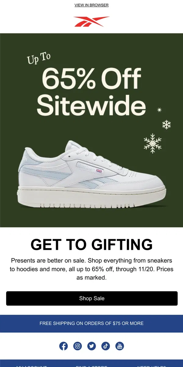 Email from Reebok. Up to 65% off going strong 💪