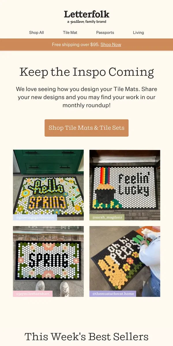 Email from Letterfolk. March’s top Tile Mat designs by YOU