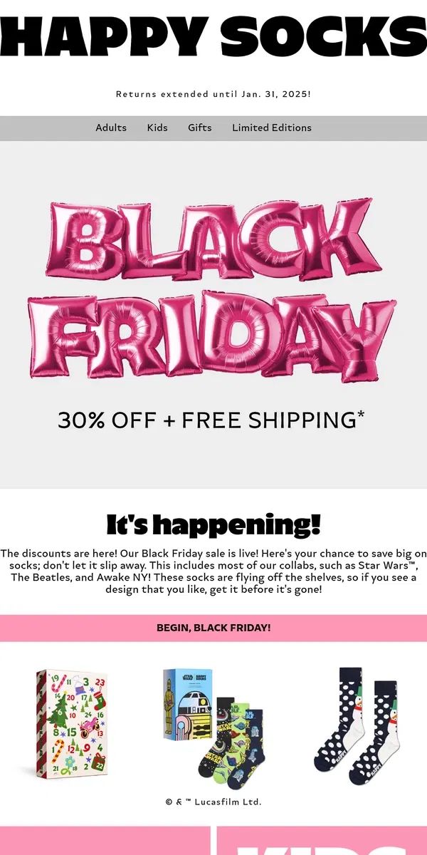 Email from Happy Socks. 🎉Black Friday START! 30% Off!🎉