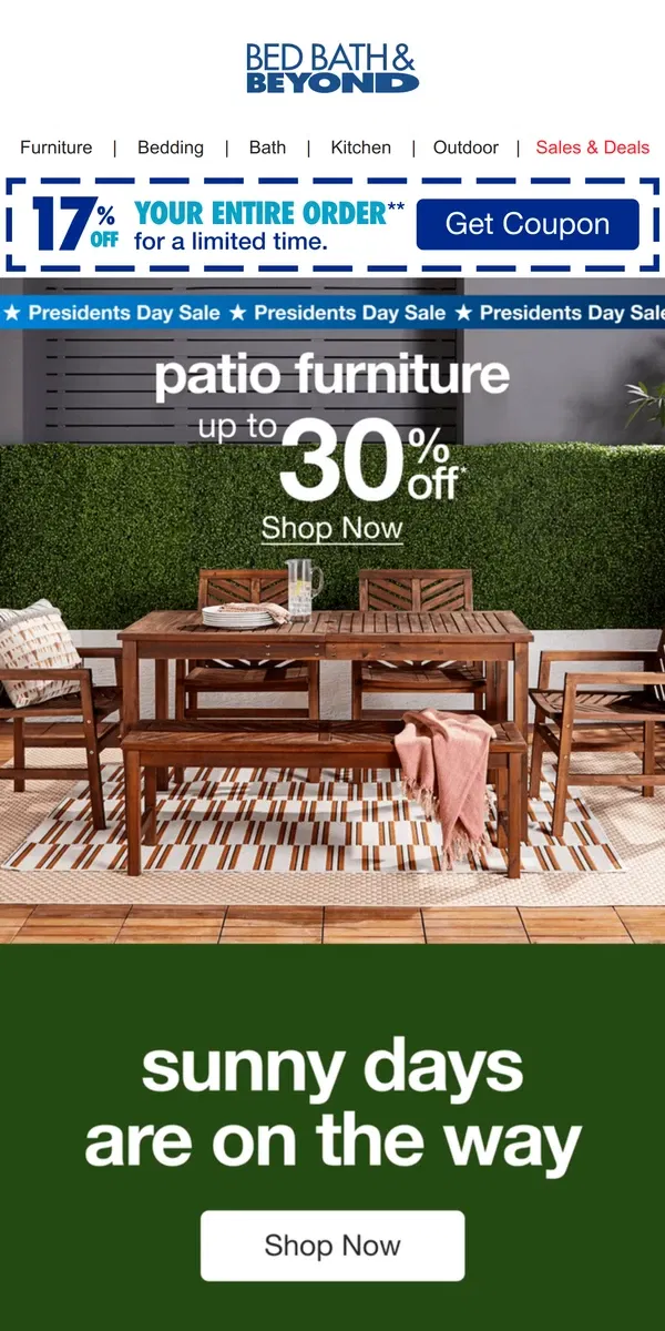 Email from Bed Bath & Beyond. Perfect Your Patio for Spring With up to 30% Off Outdoor Essentials