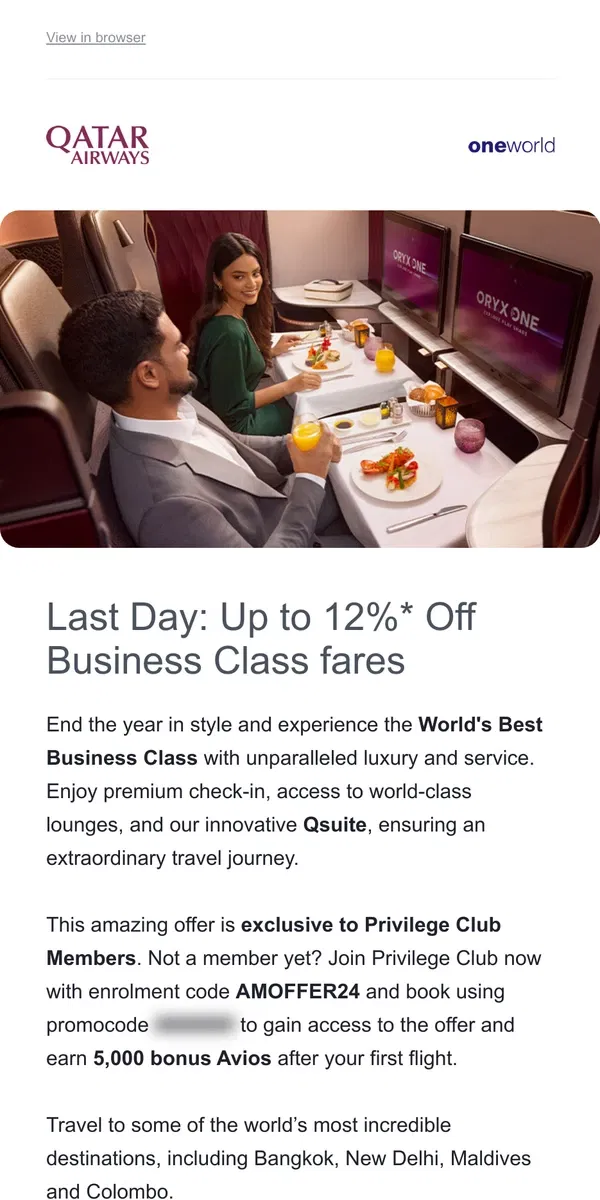 Email from Qatar Airways. Last Day: Up to 12%* Off Business Class fares