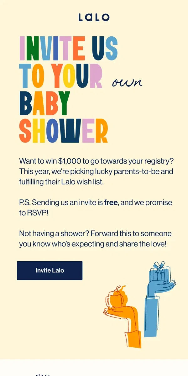 Email from Lalo. Baby Shower coming up? We'd love an invite!