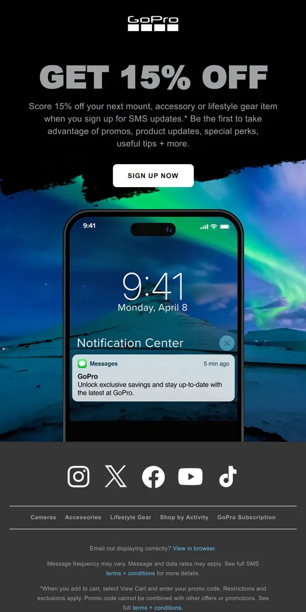 Email from GoPro. Get 15% Off NOW When You Sign Up for SMS Updates 🤑