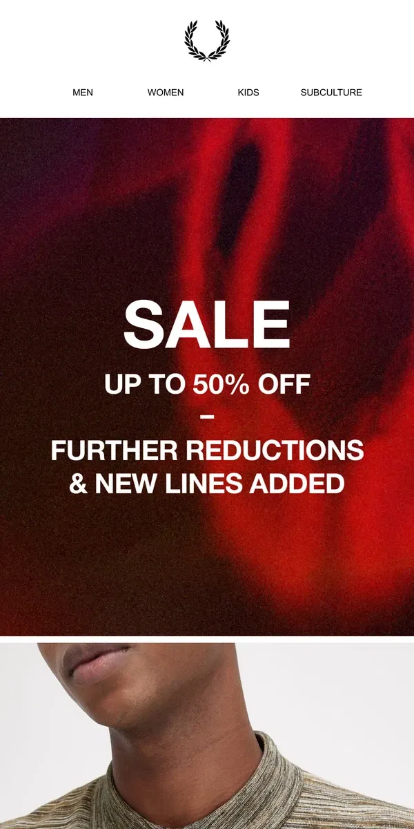 Email from Fred Perry. Sale: Further Reductions and New Lines Added