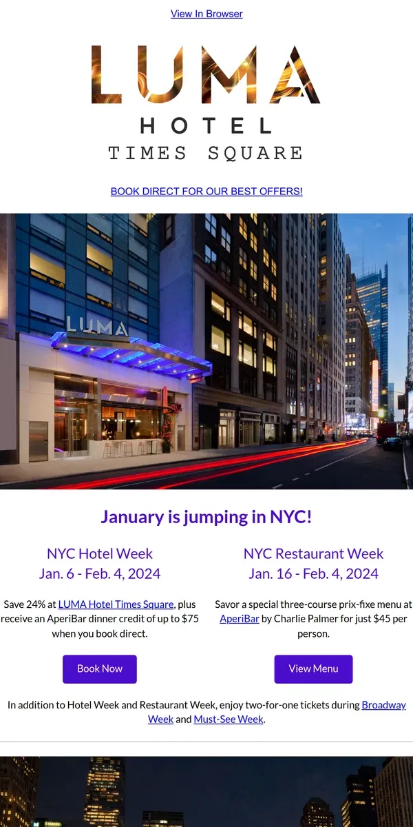 Email from LUMA Hotel. NYC  Hotel + Restaurant Week Specials |  LUMA Winter State of Mind package