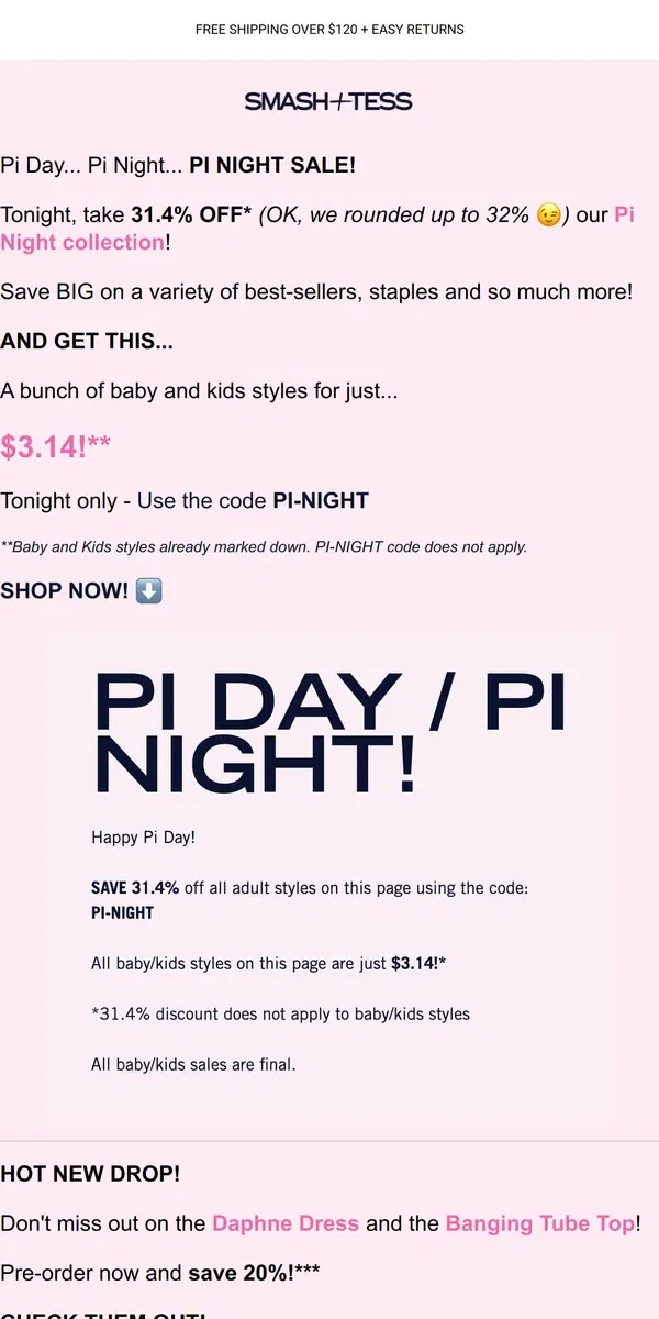 Email from Smash + Tess. 🚨 Save 31.4% on Pi Night! 🥧