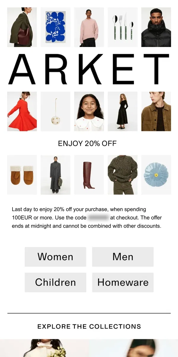 Email from ARKET. 20% off in-store and online