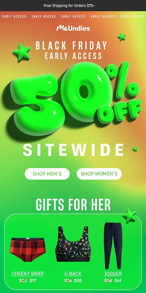 Email from MeUndies. 50% Off Sitewide