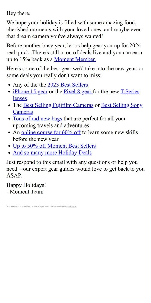 Email from Moment. Gear up for 2024 📸