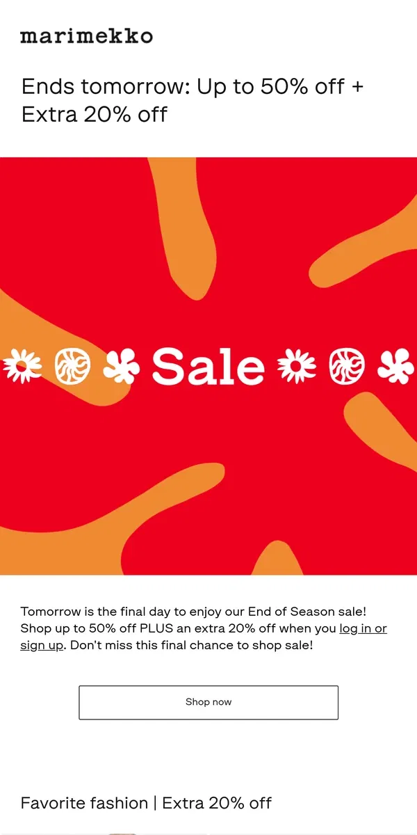 Email from Marimekko. Last chance: Up to 50% off + Extra 20% off