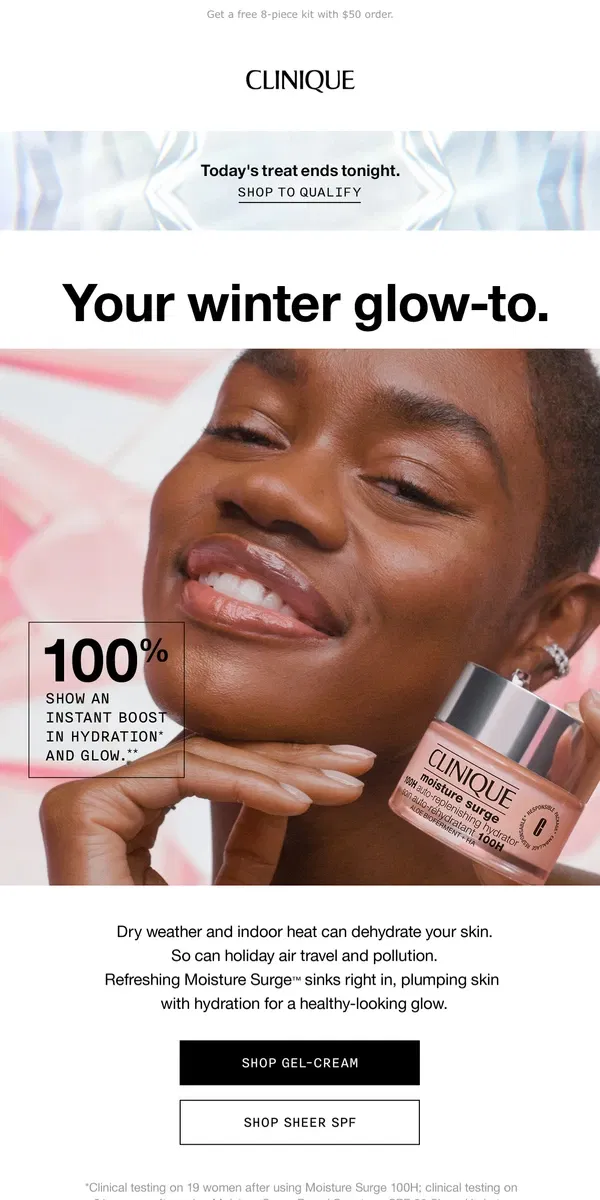 Email from Clinique. Your winter glow to 💕 Hint: it's PINK!