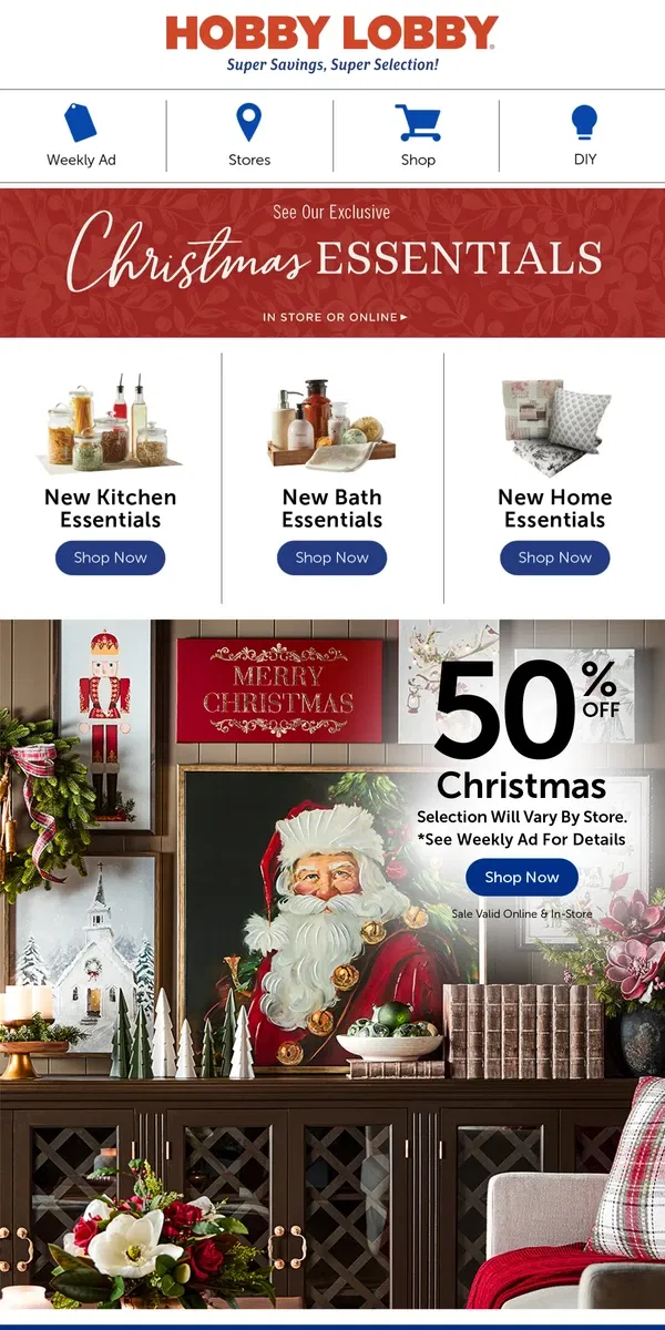 Email from Hobby Lobby. Set The Scene With 50% Off Christmas 🎄