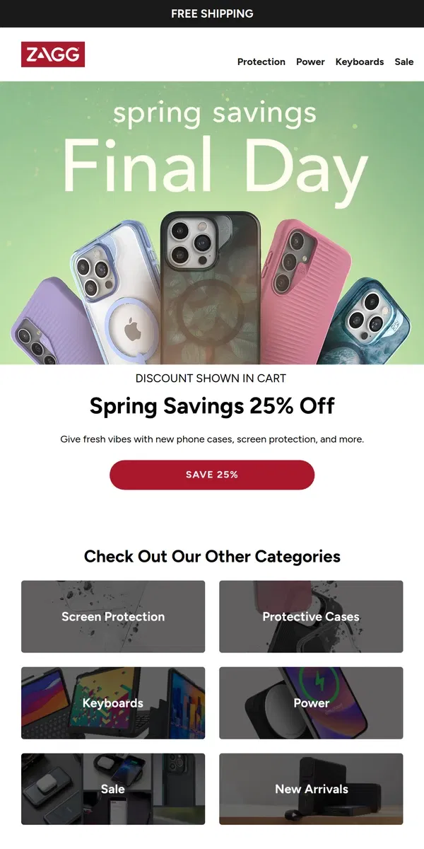 Email from ZAGG. Last day to save 25% sitewide