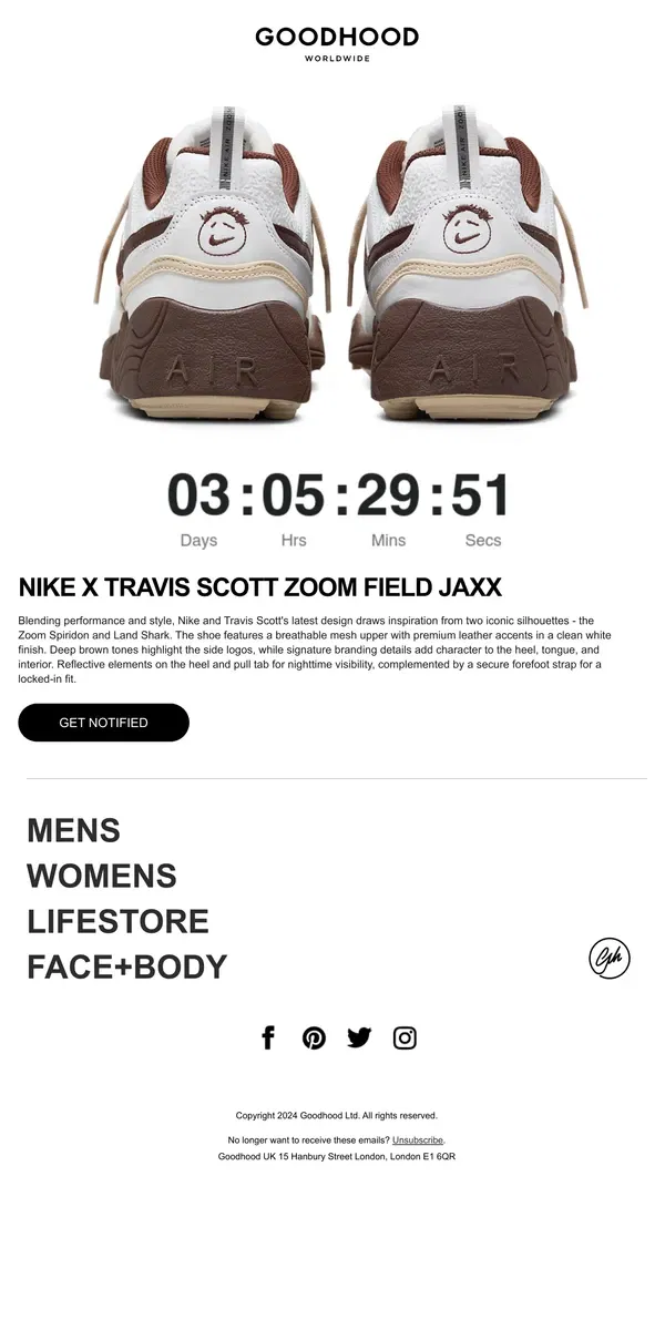 Email from Goodhood. Nike x Travis Scott Launching Online This Friday