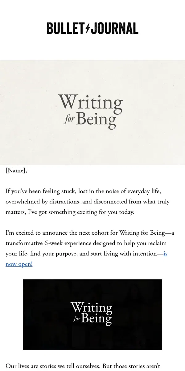 Email from Bullet Journal. Introducing Writing for Being