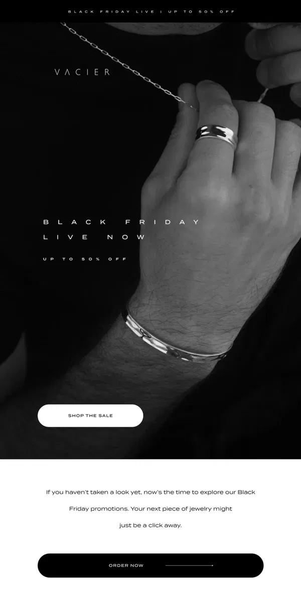 Email from Vacier. Black Friday x Vacier | Live Now