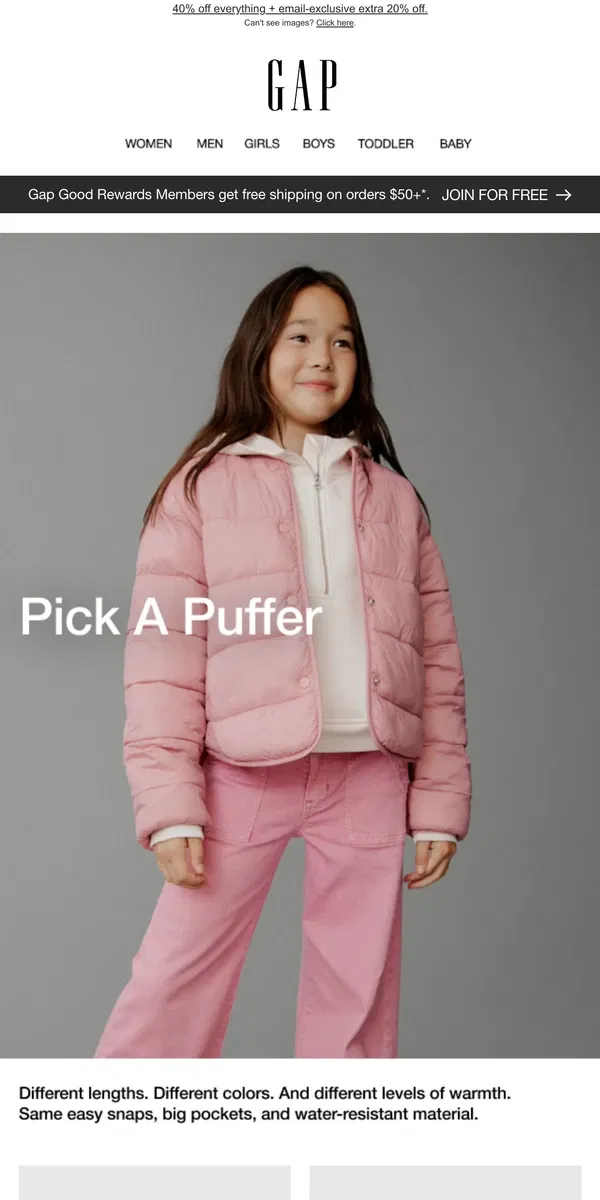 Email from GAP. NEW PUFFER JACKETS